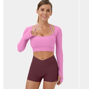 NWT Halara Ribbed Halter Strap Thumb Hole Cropped Yoga Sports Top (pink) Medium